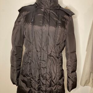 M Julian fitted chocolate brown long winter coat with faux fur hood XL